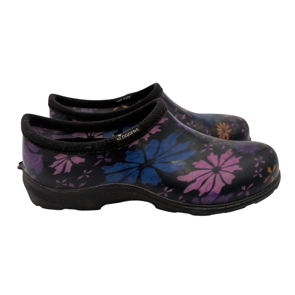 Sloggers Womens 9 Floral Garden Shoes Black Waterproof Rain Clogs Made in USA